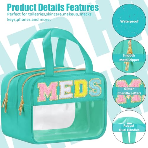 BuyCard Chenille Letter Clear Medicine Makeup Bag for Travel, Preppy Patch Nylon Cosmetic Meds Pouch with Handles and Zipper, Waterproof Large Travel Toiletry Purse Storage for Women Green - color: Green-MEDS