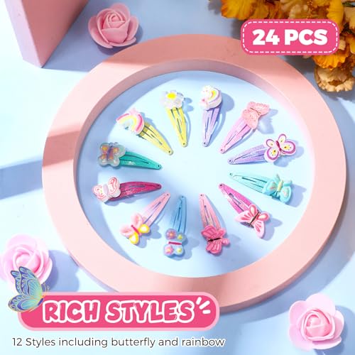 Hanaive 24 Pcs Rainbow Unicorn Clips Metal Clips Butterfly Snap Barrettes Cute Mermaid Hair Pins Sparkly Animal Hair Accessories for Toddlers Little Girls Birthday Party Gifts(Butterfly Pattern)