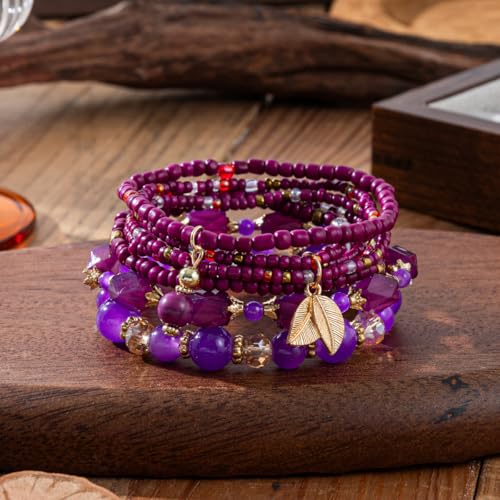 Caiyao 4Pcs Bohemia Multilayer Stackable Beaded Bracelets Set Colorful Crystal Stone Gold Beaded Stretch Bracelets Hawaii Charm Bracelet for Women Men Summer Beach Boho Vacation Jewelry Gifts - color: 7pcs dark purple