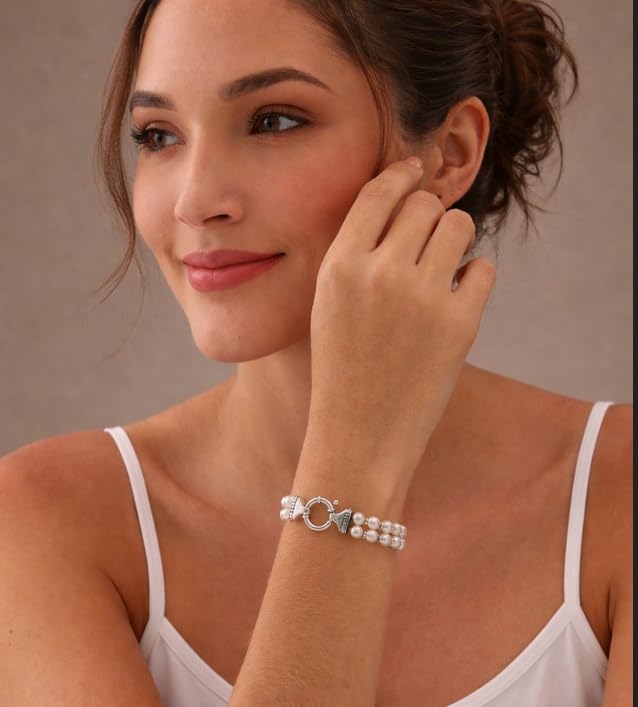 LeCalla Pearl Bracelets for Women in 925 Sterling Silver & 14K Gold-Plated Silver | Adjustable Pearl Bolo Bracelets | Handmade Sliding Chain Beaded Bracelet Jewelry Gifts for all Occasions - color: Two Strand Stretch Bracelet