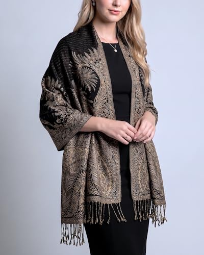 Achillea Reversible Paisley Pashmina Rave Scarf – Exotic Indian Shawls and Wraps for Evening Dresses, Festivals, All Seasons - color: Big Paisley Black
