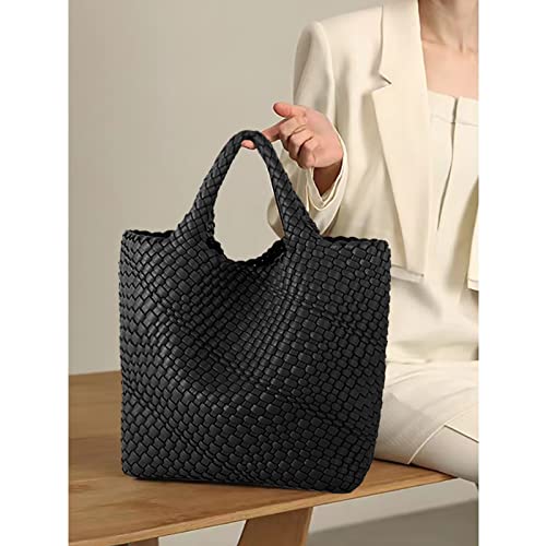 Hand Woven Bag Tote BagS For Women Top Handle Shoulder Vegan Leather Large Travel Beach Hobo Handbag - color: Black-a