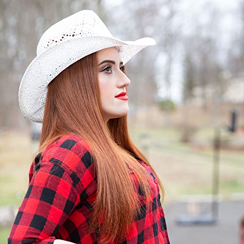 TOVOSO Western Cowgirl Hat, Straw Cowboy Hat for Women with Shapeable Brim, Beaded Hearts Trim, Shapeable Cowboy Hat - color: White Blue