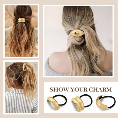 3PCS Gold Hair Ties, Metal Hair Ties for Thick Hair, Elegant Durable Geometric Design, Gold Hair Accessories Stretchy and Non-Damage Ponytail Cuff Holders, 3 Styles in Box Holiday Gifts - color: Gold Set 01
