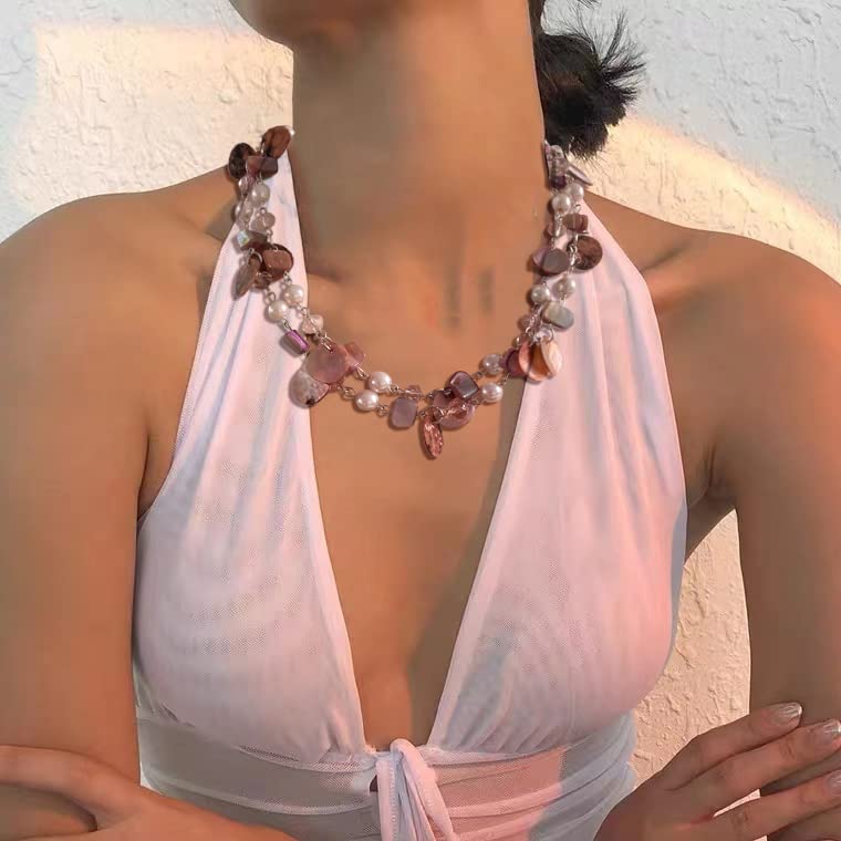 Noessla Layered Beaded Chunky Necklace for Women Boho Two-color Shell Statement Necklace Fashion Collar Costume Jewelry Gifts for Mum - color: 14-Pink