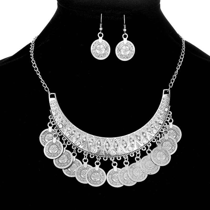 KZL 3PC Gypsy Jewelry Set Bohemian Coin Necklace Bracelet Earrings for Women Vintage African Indian Costume Festival Party Accessories - color: Orange