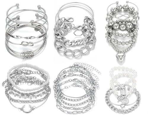 IFKM Gold Chain Bracelets Set for Women, 14K Gold Plated Multiple Layered Stackable Open Cuff Bangle Bracelet Anklet Bracelets Adjustable Link Tennis Beads Italian Cuban Jewelry for Women Gift - style: 28PCS Set