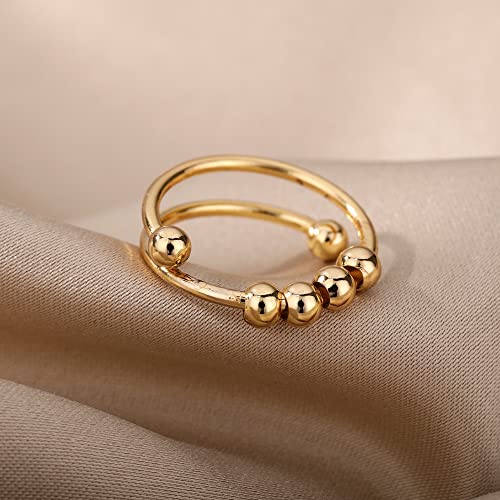 Razered Anxiety Balls Beads Rings for Women Open Adjustable Finger Ring Stainless Steel Rotating Freely Anti Stress Jewelry - color: silver plated