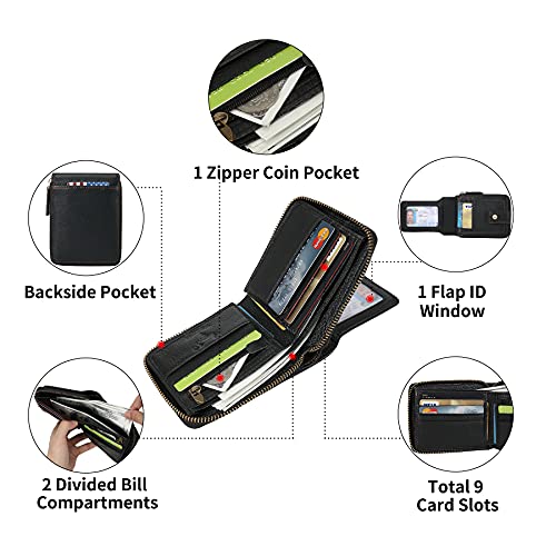 Zipper Wallet Men RFID Blocking Leather Bifold Wallets For Men - Flap ID Window Zip Coin Pocket Mens Zipper Wallets - Big Capacity Credit Card Travel Wallet (Black) - color: Black