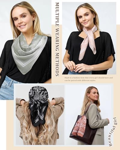 AWAYTR 27.5” Silk Satin Square Head Scarf - 4PCS Satin Head Scarves for Women Hair Kerchief Bandanas Sleeping Head Wraps - color: Paisley(brown/Camel/Light Green/Black)