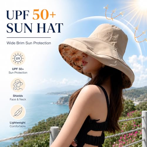 HUAMULAN Women Summer Sun Hat Wide Brim Wired Edge Floral Beach Bucket Hats Reversible Foldable Travel UV Protection Lady Hat - color: M2320-khaki