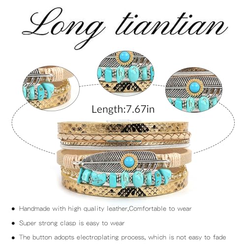 Long tiantian Boho Leather Wrap Bracelets Western Bracelets for Women Stackable Starfish Crystal Pearl Turquoise Leather Bracelet With Clasp Jewelry Gifts Boho Dresses - color: A2:Gold Bracelet