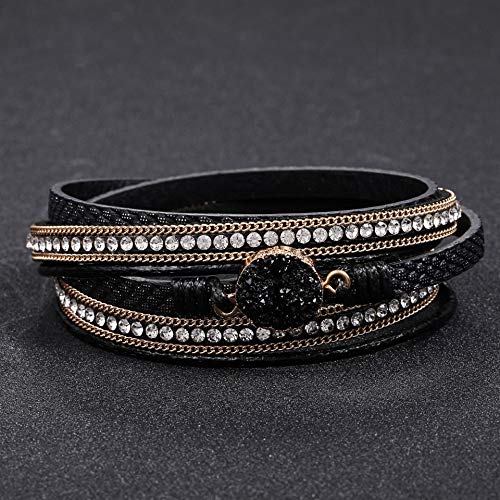 Fesciory Leather Wrap Bracelets for Women, Boho Leopard Multi-Layer Crystal Beads Cuff Bracelet Jewelry - color: Black Stone1