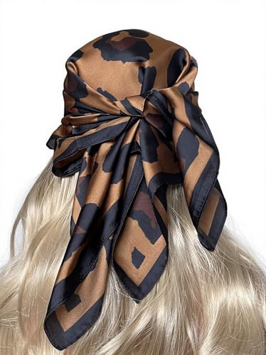 CHUNG Women's Scarf Hair Bandanas Square 27.5" Satin Wrap Fashion Pattern Scarves Emulation Silk Handbag Ribbons Necktie - color: Coffee Leopard