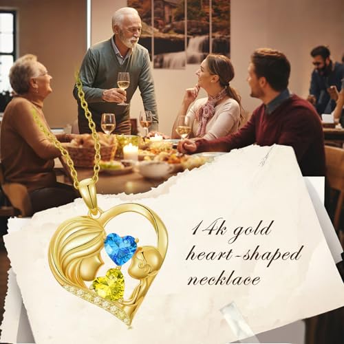 Mothers Day Gifts 14K Yellow Gold Mother Daughter Heart Pendant Necklace with 12 Months Birthstone Birthday Gifts for Mom Anniversarry Jewelry for Mom Wife Girlfriend - color: 11-12-Nov-Dec Birthstone