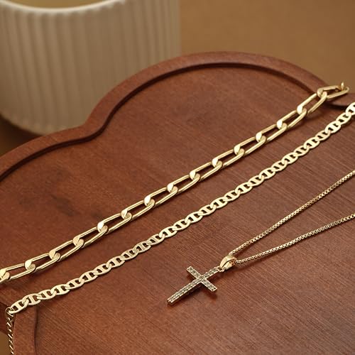 Layered Gold Necklaces for Women Dainty 14k Gold/Silver Plated Stackable Choker Necklaces Trendy Cuba Cross Circle Pendant Necklaces Set Jewelry Gifts for Women