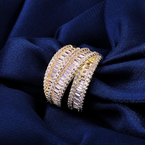 MDFUN 18K White Gold/Yellow Gold Plated Halo Wedding Eternity Ring for Women, 3 Rows Emerald Cut Cubic Zirconia Rings Statement Band Size 5-10 - color: Yellow Gold