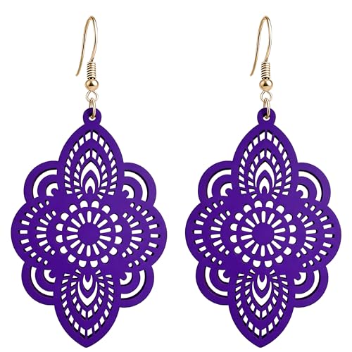 Bohemian Wood Earrings Natural Retro Lightweight Hollow Pattern Geometric Wooden Dangle Drop Earrings Statement Vintage Jewelry - color: Purple