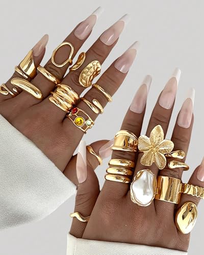 YEEZII 20 Pcs Gold Ring Set for Women, Chunky Statement Flower Finger Midi Rings, Big Boho Stacking Rings Pack Trendy Stuff Jewelry Gift - color: Gold-A-20Pcs