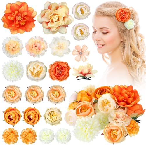 BBTO 21 Pcs Flower Hair Clip Rose Hair Clips Barrettes for Women Flower Accessories Boho Bride Claw Clip Hairpin Brooch Pin Headpiece for Wedding (Orange) - color: Orange