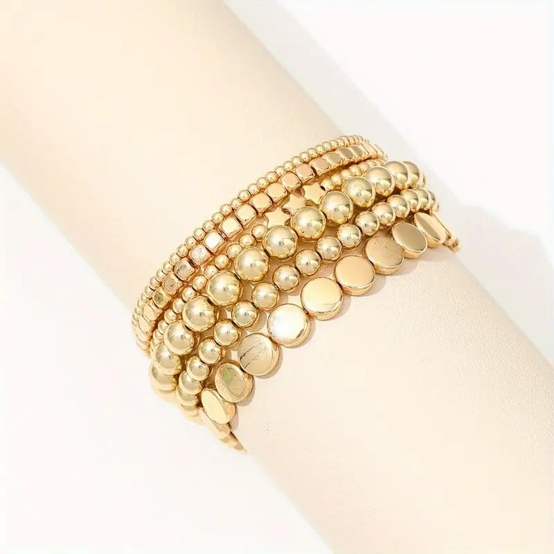 6Pcs Beaded Anklets for Women Elastic Stretch Ankle Bracelets Set Gold Silver Tone Boho Star Disc Charm Foot Jewelry Beach Gift - color: Gold