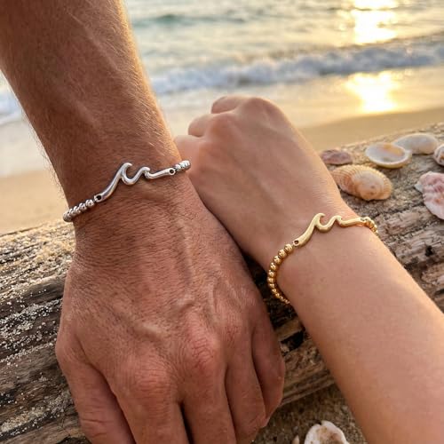 Matching Bracelets for Couple,Gold Silver Beaded Heart Couples Bracelets,Raomantic Relationship Promise Jewelry Gifts for Her - color: Wave