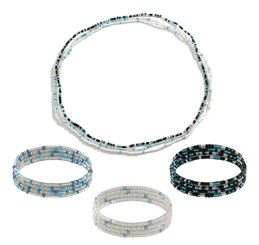 African Waist Beads For Women Colorful 3PCS Layered Belly Body Chain Beach Bikini Waist Jewelry Body Accessories For Women - style: 3 Layered Bead-Blue mixed Black