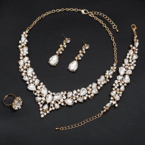 CSY 4 Pcs/Set Austrian Crystal Necklace Earrings Bracelet Ring Bridal Jewelry Sets for Brides Wedding Party Costume Accessories Gifts for Women - color: 02-gold plated-white