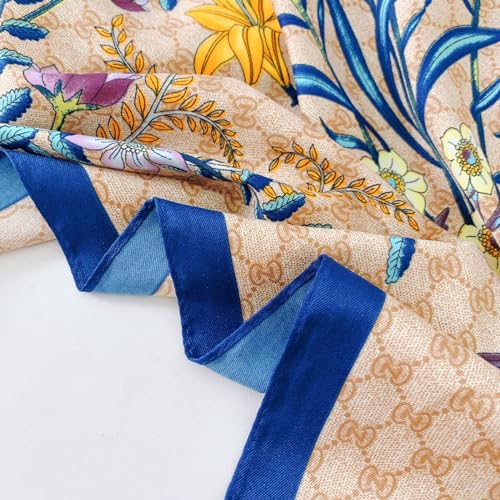 Women's Square Silk Like Head Scarf Large 35 inch Silk Feeling Hair Wrapping Satin Scarves for Sleeping Bandanas - color: A011 Twill Floret Blue
