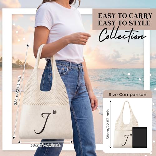 Shinylin Personalized Crochet Tote Bag for Beach Women Beige Mesh Knit Shoulder Bag Boho Aesthetic Tote for Women - style: Letter J