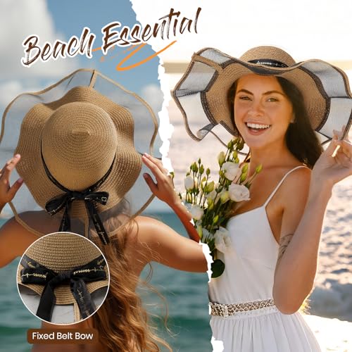 Beach Hats for Women, Wide Brim Sun Straw Hat for Women, Sun Hat UPF 50+ UV Protection - color: Khaki Brown Mesh