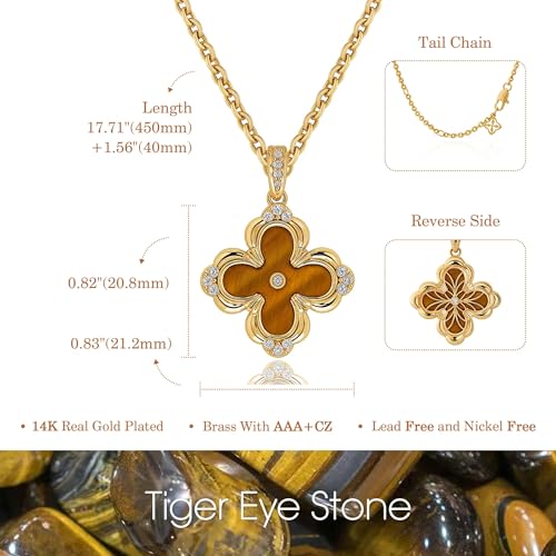 Fettero Dainty Gold Necklace for Women - Double Sided Pendant Necklace 14K Gold Plated Charm Clover Necklace Jewelry for Valentine's Day - color: Brownish yellow