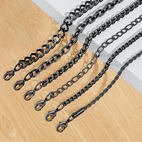 6PCS Stainless Steel Bracelets for Men Women, Silver Gold Black Cuban Link Rope Box Wheat Chain Paperclip Figaro Jewelry Set, 7/8/9 Inches - color: Black, size: 7 inches