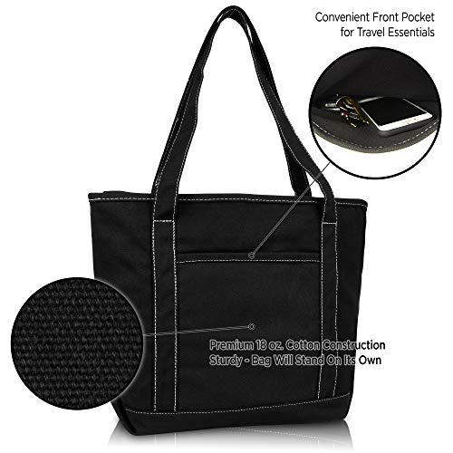 DALIX 20" Solid Color Cotton Canvas Shopping Tote Bag in Black-White - color: Black-white