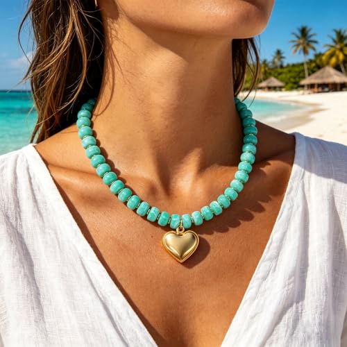 Chunky Colorful Beaded Necklaces for Women Big Bead Boho Choker Necklace Trendy Heart Statement Necklace Summer Beach Jewelry Mothers Day Gifts for Mom Daughter - color: Heart Blue Choker