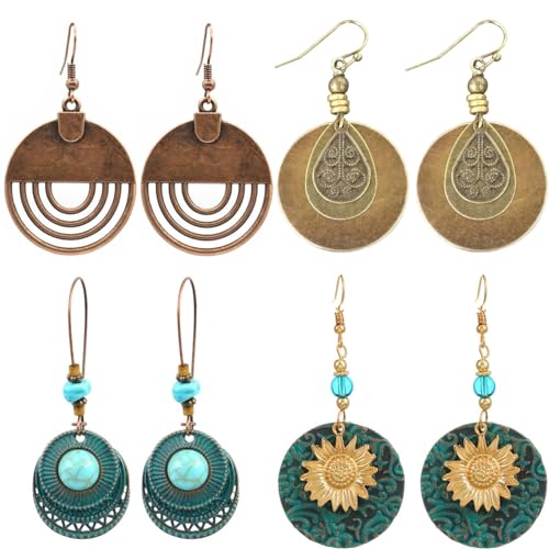 Boho Teardrop Earrings, Handmade Copper Bohemian Earrings, Dangle Antique Ethnic Jewelry for Women - color: Brass Set