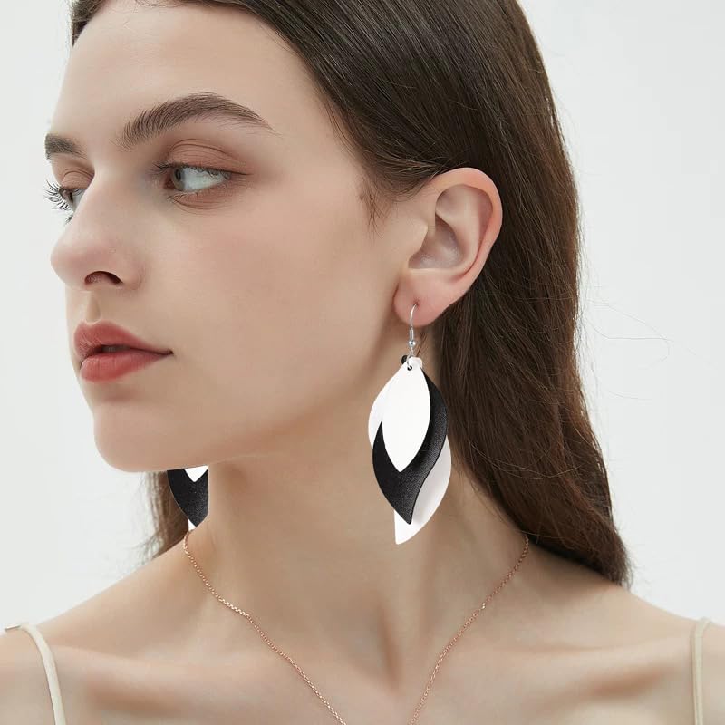 ANXIN boho unique Leather Earrings 2 Layered Lightweight Faux Leather Leaf Earrings Layered Design Drop Earrings Gift for Women - color: White Black White
