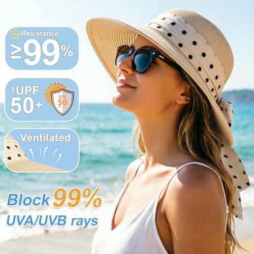 DRESHOW Sun Hats for Women Travel Fedora Foldable Beach Sun Hat Summer Wide Brim Straw Bucket Hat with Bowknot UPF 50+ - color: 1 Pack Bowknot Straw Hat: Beige (Beige Polka Dot Band)