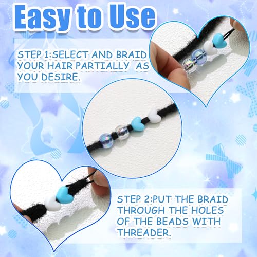 60PCS Heart Hair Beads Blue White AB Round Bead Loc Jewelry Accessories Lovely Acrylic Pony Dreadlock Beads for Kids Girls - color: Blue&White