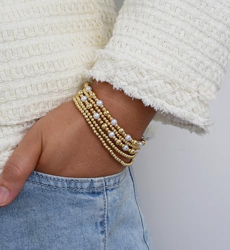 Gold Beaded Bracelets for Women, 14K Real Gold Plated Jewelry for Women Dainty Pearl Bead Bracelets Stack, Non Tarnish Trendy Stackable Ball Cross Stretch Bracelet Set Fashion Accessories Gifts - color: Gold pearl small bead