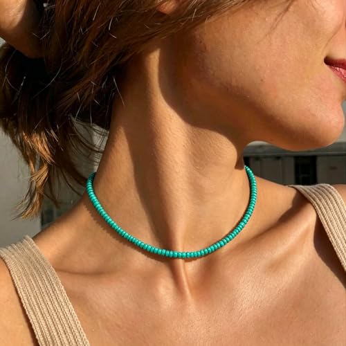 Tgirls Boho Choker Necklace Chain Rice Beaded Necklaces Seed Bead Necklace Accessory for Women - color: turquoise