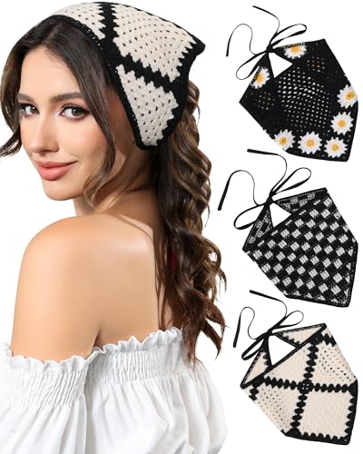 AWAYTR Crochet Head Scarf Hair Bandanas Women Knit Bandana Headband Scarf Tie-Back Head Coverings Floral Headscarf - color: Black