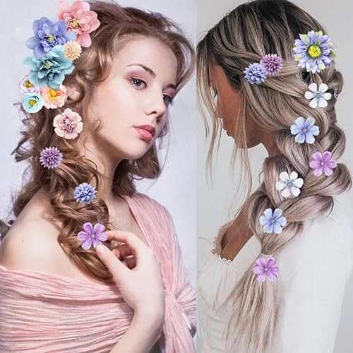 21 PCS Hair Flowers Boho Hair Barrettes Accessories Hawaiian Silk Flower Clips Girls Purple Blue Floral Bride Headpiece Festival(BLUE & PURPLE) - color: Purple&Blue, size: 1 Count (Pack of 21)