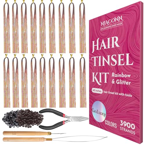 NIACONN Galaxy Glitter Hair Tinsel Extensions Kit with Tools and Beads, 48 Inch Sparkly Fairy Colorful Tensile Strands Shiny Hair Accessories for Women Girls Kids - color: Galaxy