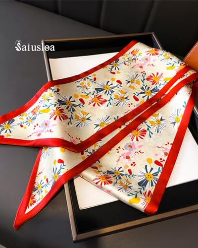 Purse Scarf For Handbags Head Scarves For Women's Hair Bags Scarfs Long Skinny Scarves Fashion Silky - color: A12-kelsang Flower Red Border