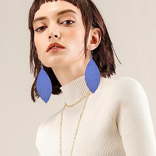 Large Genuine Soft leaf Leather Handmade Fringe Tassel Feather Lightweight Tear Drop Dangle Color Earrings for Women - color: Blue