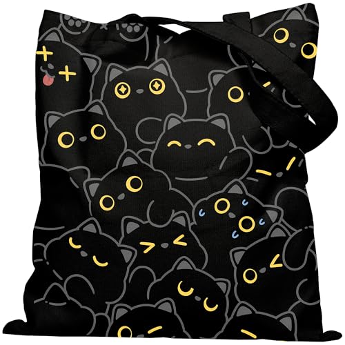 METALPHA Aesthetic Tote Bag for Women Girls - Resuable Double-Sided Printed Canvas Tote Bag with Snap Closure and Pocket - color: Winkingkitty