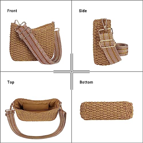 Women Straw Small Crossbody Bag Handmade Woven Shoulder Handbag Summer Beach Purse with Guitar Strap | Straw - color: Brown