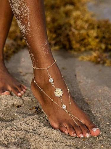Yalice Gold Beaded Foot Chain for Women Sequins Barefoot Sandals Rhinestone Coin Toe Anklet Summer Wedding Pearl Foot Jewelry - style: Rhinestone Coin