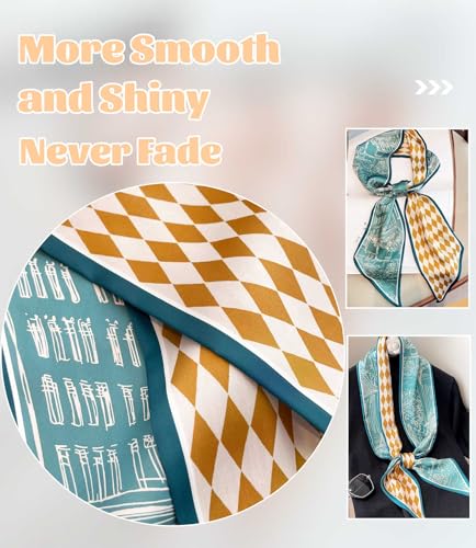 kcctoo 59” Long Silk Like Head Scarf Women's Fashion Square Neck Satin Scarfs for Bag Hair Scarves Gift 59 * 5.9” - color: S1 Green Street Yellow White 59" X 5.9"